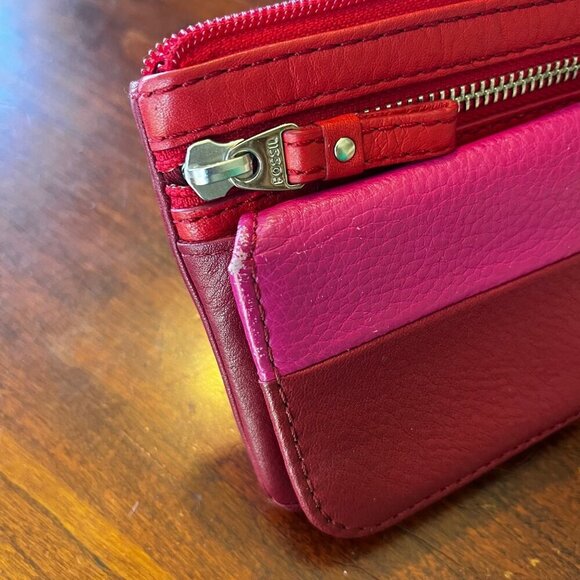 Fossil Women's Leather Wallet Trifold‎ With Zippered Coin Pouch Red & Pink - Picture 8 of 9